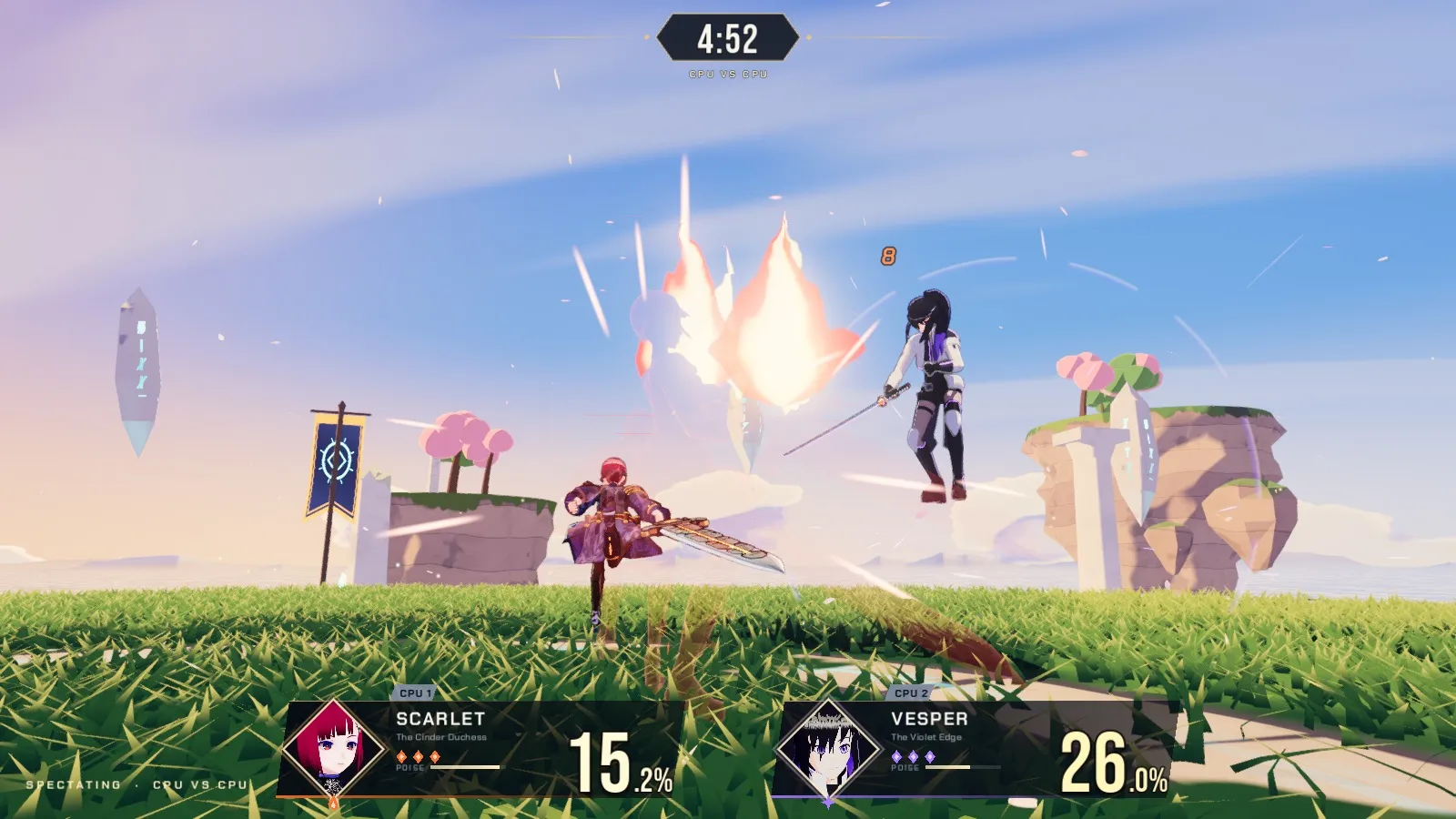 Scarlet, swinging a greatsword, faces Vesper, who leaps through a burst of flame above a grassy floating arena.
